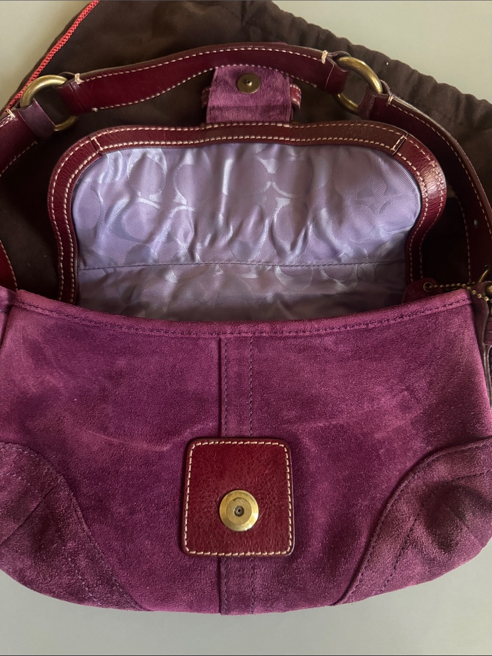 NWOT Vintage Y2K Coach Plum Suede Shoulder Bag with Leather Trim - Picture 3 of 10